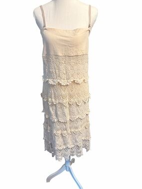Old Money Boho Crochet Lace Tiered Midi Dress Cottagecore Cream M